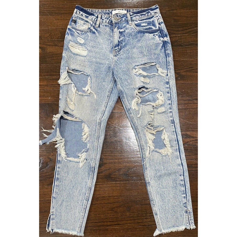 Kancan High Rise Stone Wash Distressed Mom Jeans Women's Size 3/25 Raw Slit Hem